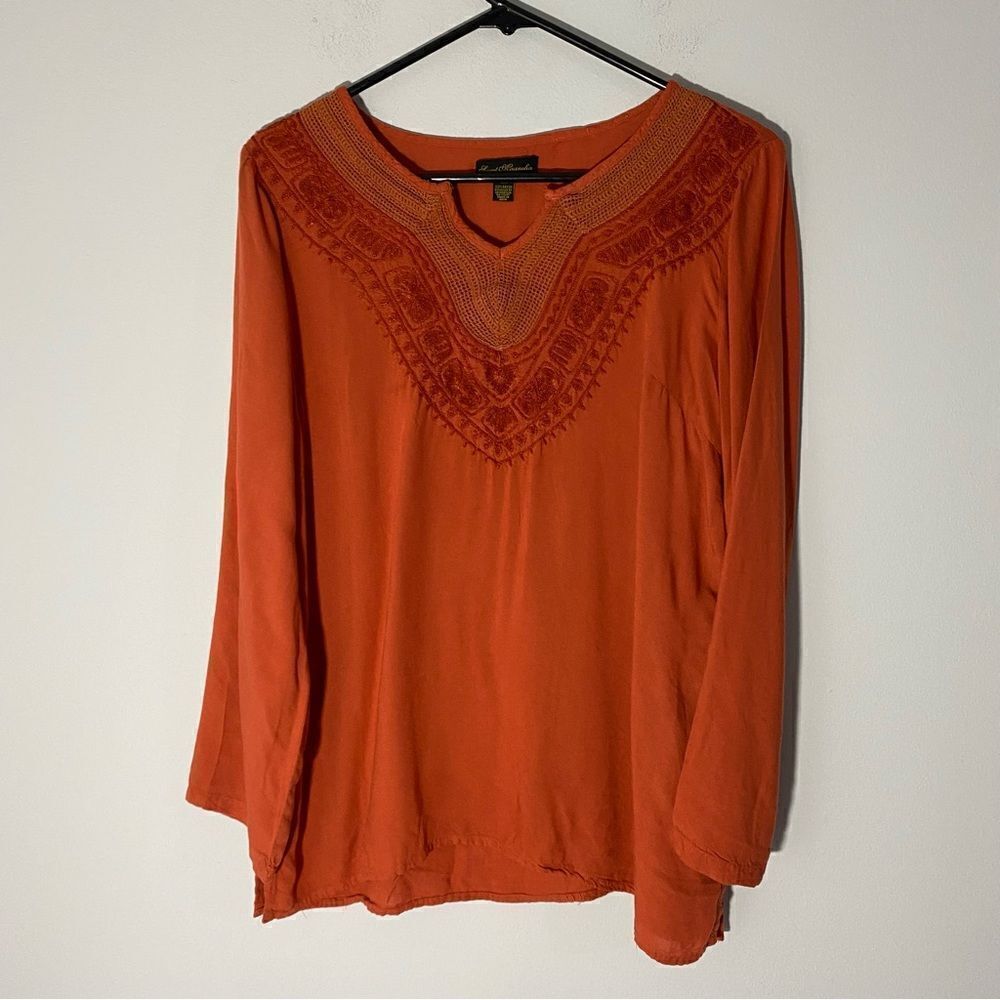 Sweet Magnolia Women’s V Neck Embroidered Orange Top